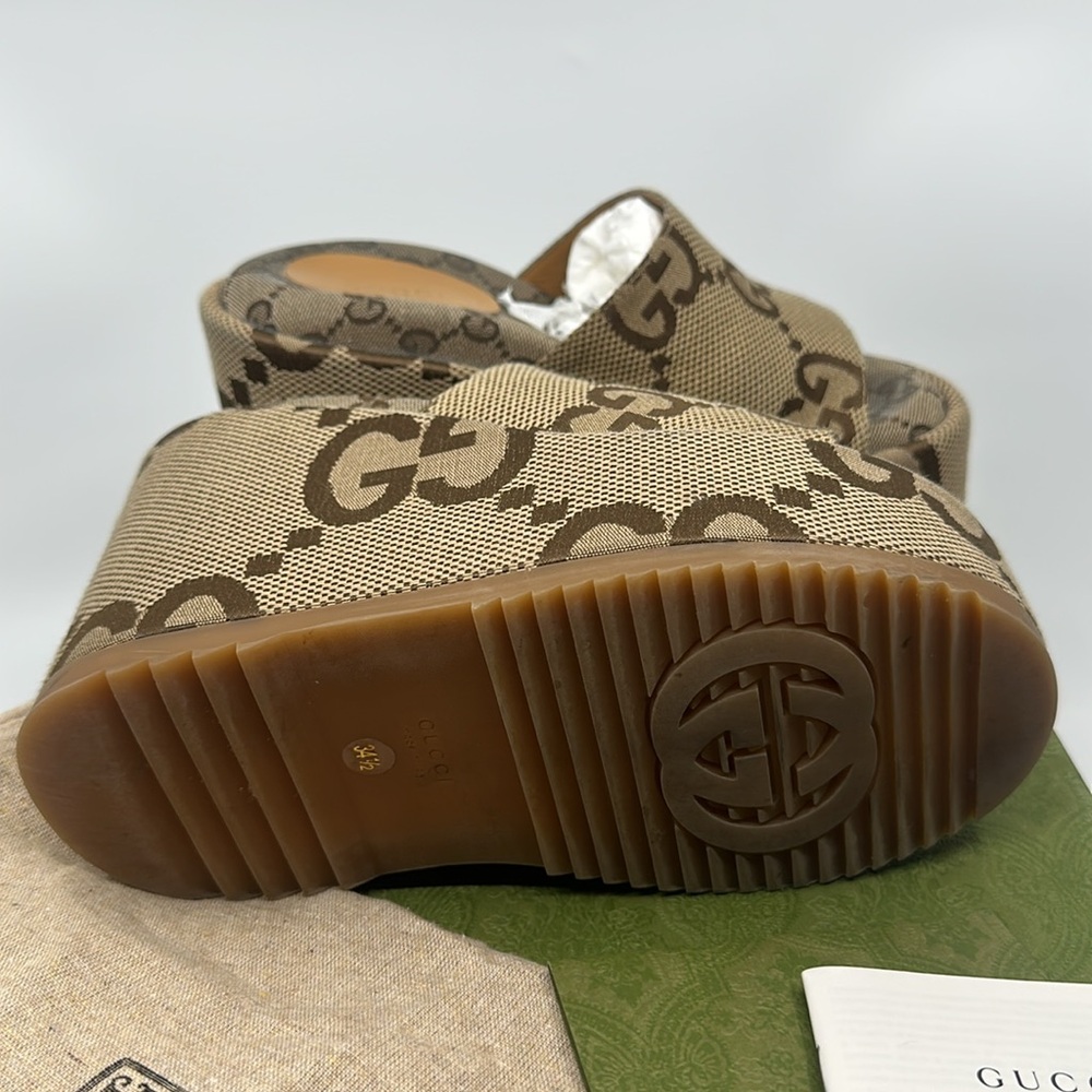 Gucci Brown Jumbo Monogram Platform Wedge Sandals, Sz 34 1/2 Box & Dustbags - Picture 8 of 16